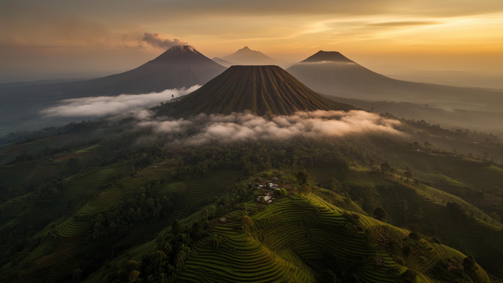 Aerial view of the Virunga volcanoes at dawn in Volcanoes National Park, Rwanda