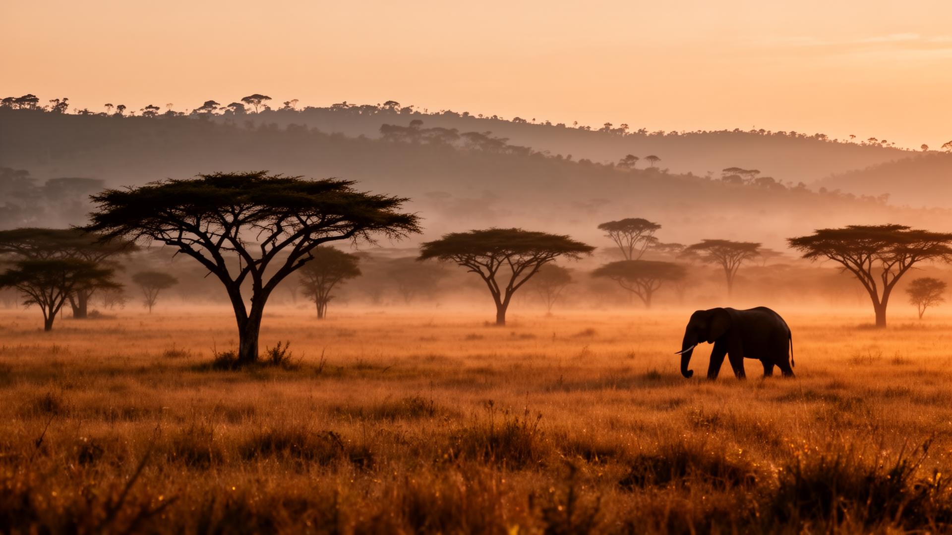 Akagera savanna at golden hour with acacia trees and an elephant in the distance