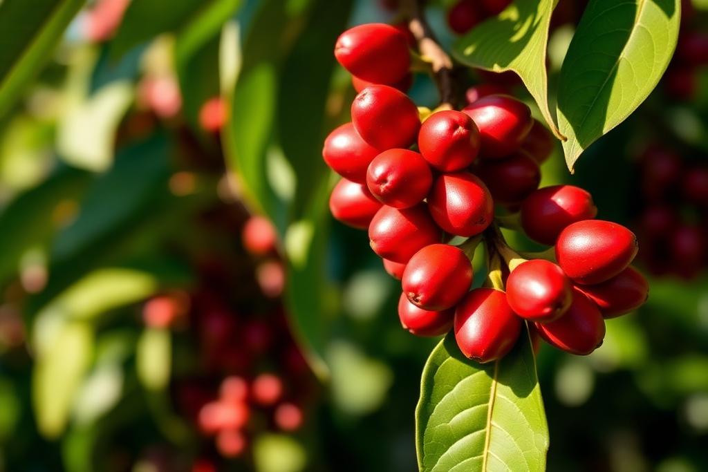 Fresh Rwandan coffee cherries ripening on the branch near Nyungwe Forest